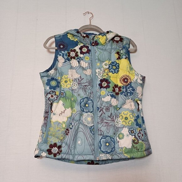 ISIS Womens Goose Down Multicolored Floral Vest Hippy Look 70's Vibe Hooded SZ 6 - Picture 1 of 14